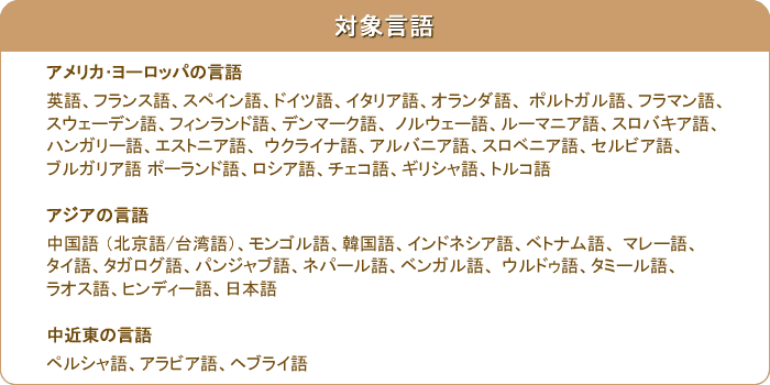 対象言語=英語、フランス語、スペイン語、ドイツ語、イタリア語、オランダ語、 ポルトガル語、フラマン語、スウェーデン語、フィンランド語、デンマーク語、 ノルウェー語、ルーマニア語、スロバキア語、ハンガリー語、エストニア語、 ウクライナ語、アルバニア語、スロベニア語、セルビア語、ブルガリア語 ポーランド語、ロシア語、チェコ語、ギリシャ語、トルコ語、中国語（北京語/台湾語）、モンゴル語、韓国語、インドネシア語、ベトナム語、 マレー語、タイ語、タガログ語、パンジャブ語、ネパール語、ベンガル語、 ウルドゥ語、タミール語、ラオス語、ヒンディー語、日本語、ペルシャ語、アラビア語、ヘブライ語